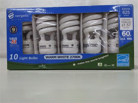 Nergetic Warm White 2700K 60 Watt Compact Fluorescent Light Bulb-Pack of 10
