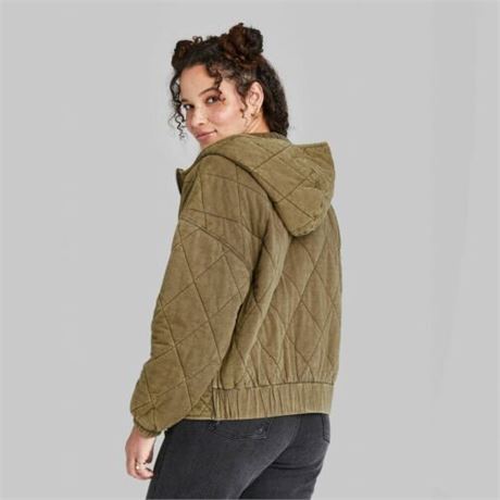Wild Fable Women's Hooded Quilted Jacket, Olive Green - Large