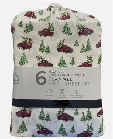 Luxurious 100% Turkish Cotton Holiday Flannel 6 Pc Sheet Set - Queen