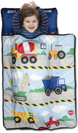 Baby Boom Funhouse Construction Area Trucks Kids Nap Mat Set – Includes Pillow