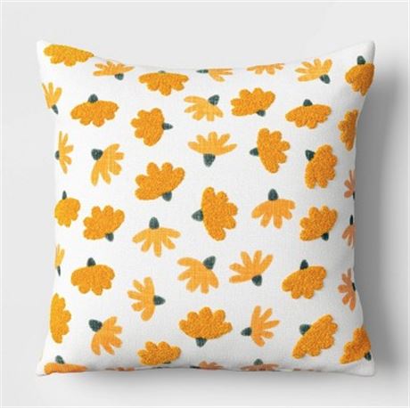 Coneflower Embroidered Cotton Square Throw Pillow Gold