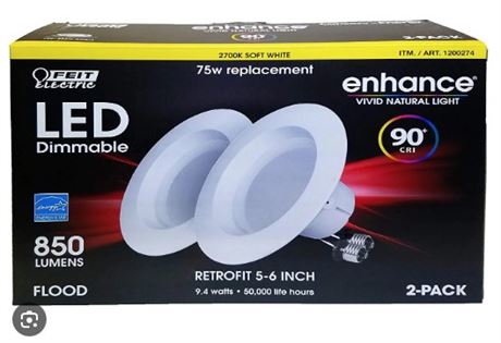 Feit Enhance 90+CRI 75W Replacement Dimmable 2700K, 5" to 6" LED, 2pk - NEW